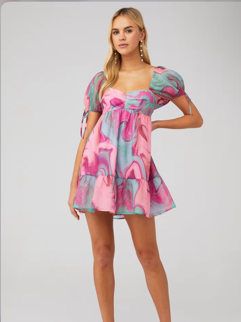 Amanda Uprichard Pink & Teal Marble Puff-Sleeve Mini Dress